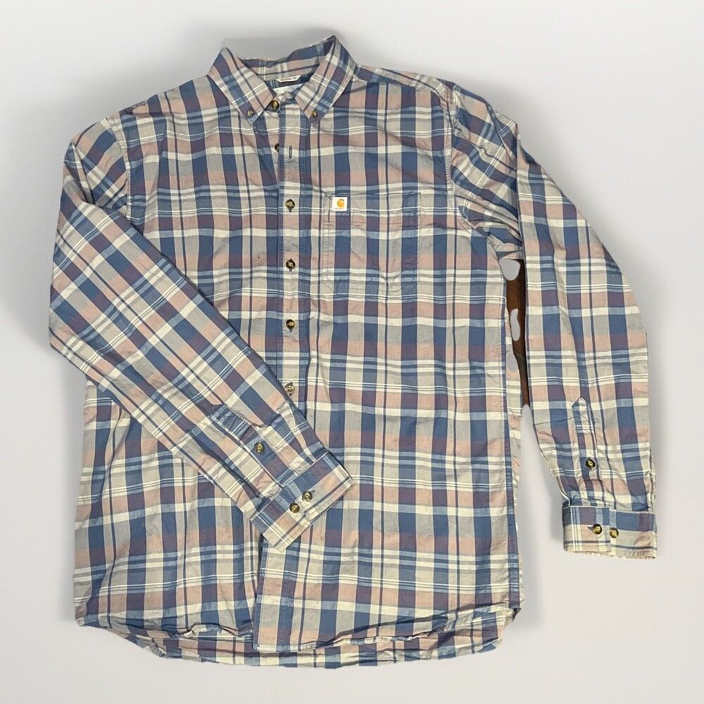 Carhartt Mens Large Tall Blue Brown Plaid Shirt Relaxed Fit Cotton